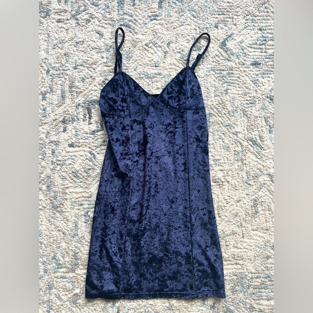 Vintage Y2K 90s Navy Blue Velvet Slip Mini Dress Adjustable Straps Size 6